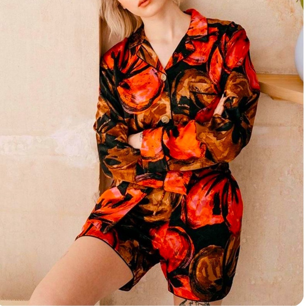 Stine Goya Tjasa Floral Jacquard Pajama Shirt Button Up Front Red/Brown SZ Small